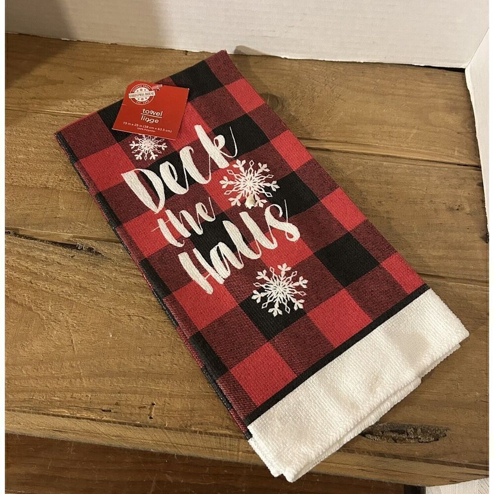 Christmas House Deck The Halls Kitchen Hand Dish Towels 15" x 25" Plaid NWT
